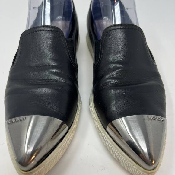 Miu Miu Loafers Women's 38.5 Black Leather Silver Toe Cap Slip On Luxury Shoes - Picture 14 of 16